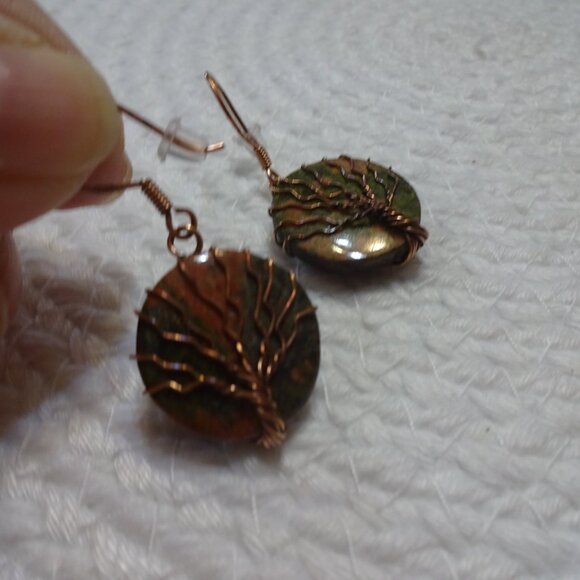 Rustic UNAKITE Handmade COPPER WIRE-WRAPPED Dangle Earrings #871C - Picture 2 of 3